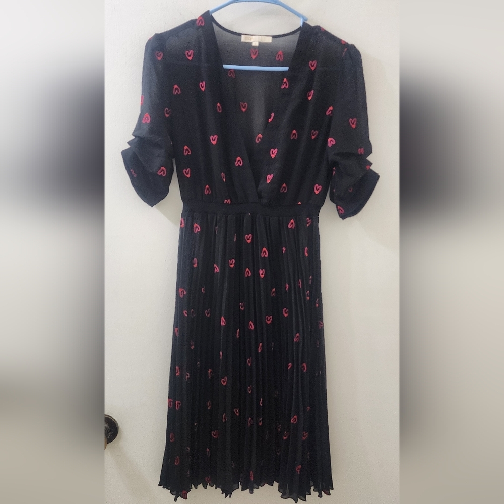 Maje Elegant Black Dress with Pink Heart Accents, Size 1.